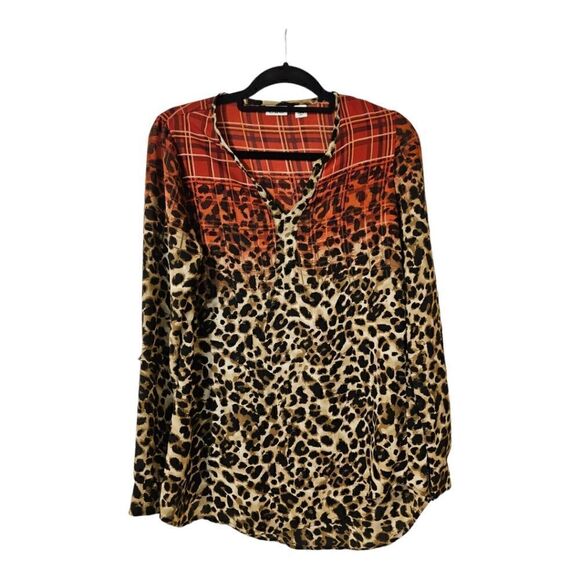 CATO Red Plaid Animal Print Roll Tab Sleeves Henley Top Tunic - Size Small - Picture 1 of 8